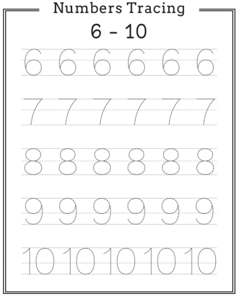Worksheets on Tracing Numbers from 6 to 10