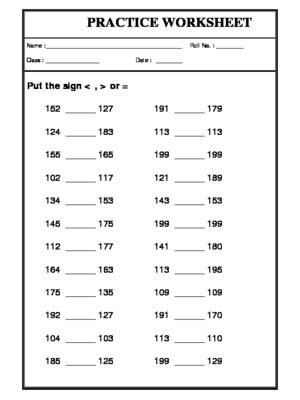 Practice Worksheet on Comparison of Numbers