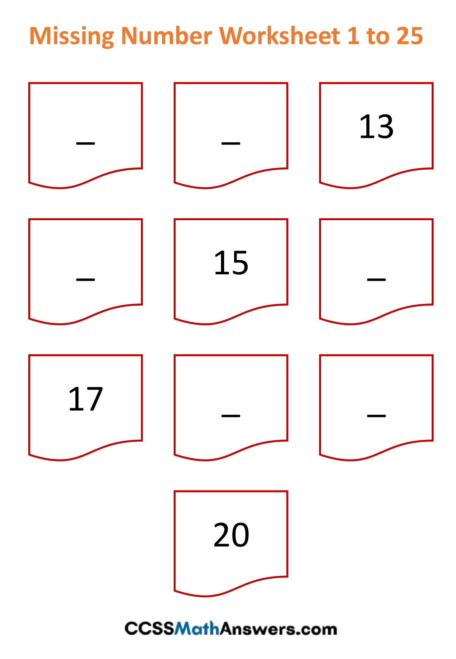 Fill in Missing Number Worksheets 1 to 25