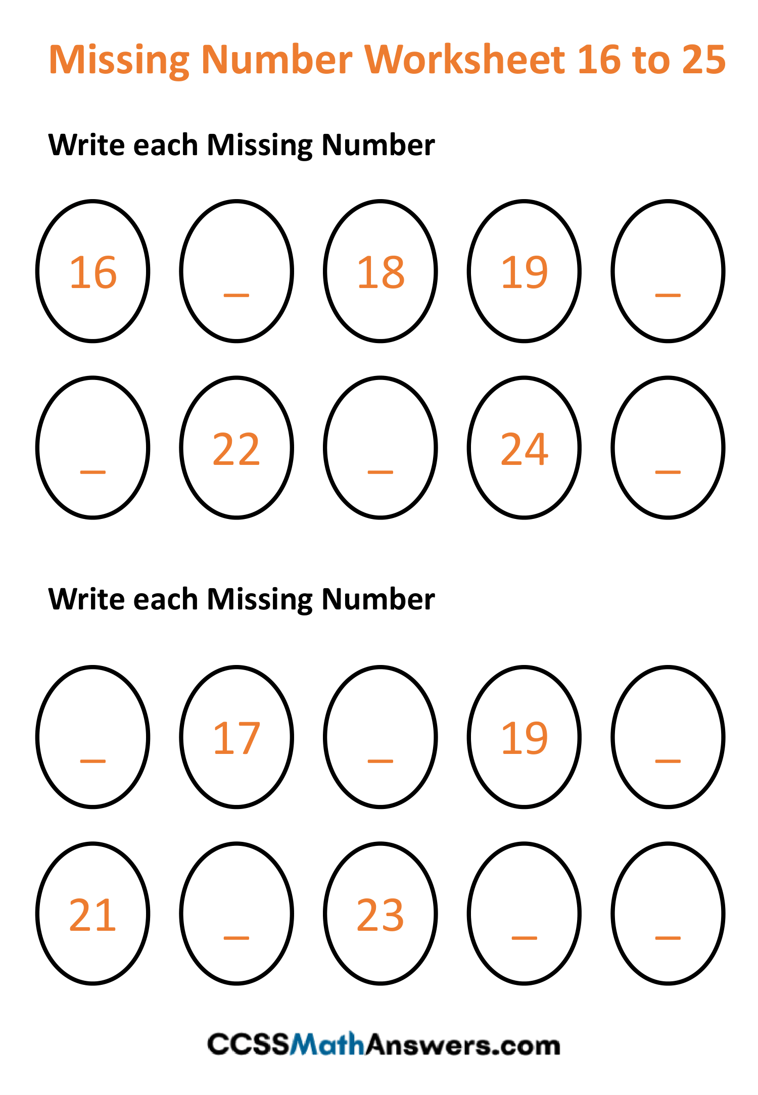 Missing Number Worksheet 16 to 25