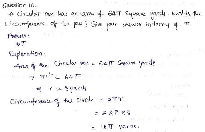 Go Math Grade 7 Answer Key Chapter 9 Circumference, Area, and Volume Page 274 Q10